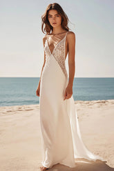 Spaghettiträger Etui Satin Spitze Standesamtkleid